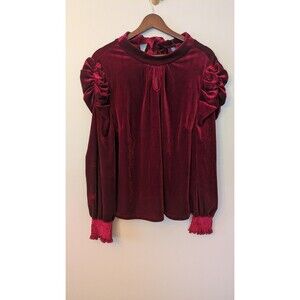 Cezele Red Velvet Top L Puff Sleeve Holiday Victorian Vamp Whimsigoth Tie Back